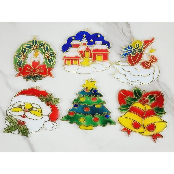 Christmas Sun Catcher Window Decor Plaque 3" Plastic Stained Glass Style 90's x6 - Picture 9 of 11